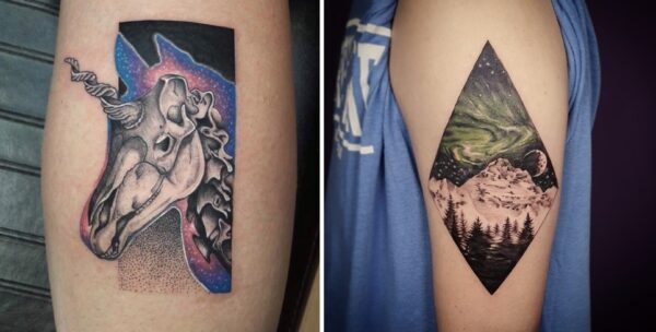 Photo 1 - Tattoo licorne en couleur réalisée par Micka au shop de Grenoble Photo 2 - Paysage et univers colorés tatoués par Benji au shop de Lyon