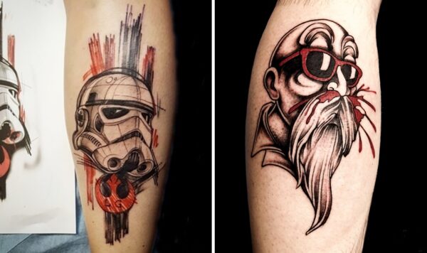 Tattoo 1 – Stormtrooper et couleur tatoué par Benji à Lyon Tattoo 2 – Kamé Sennin et touches de rouge tatoués par Stan à Villeurbanne