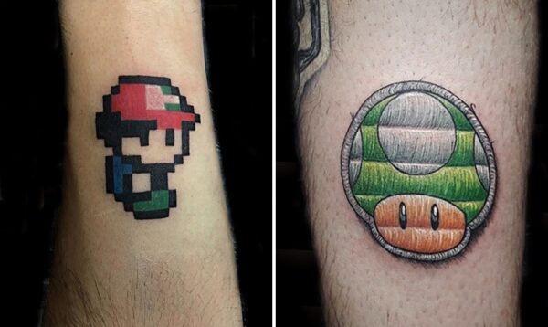 Tattoo 1 – Tatouage Mario pixelisé en couleur par Milton à Saint-Etienne Tattoo 2 – Tatouage Champignon 1-UP brodé par Micka à Grenoble