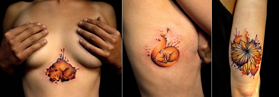 Aquarelle et couleurs sur des tatouages réalisés par Thalie à Lyon