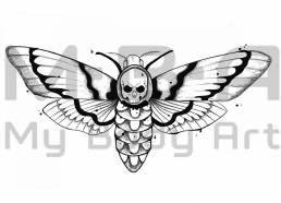 Flash papillon sphynx dans un style blackwork et dot work à réaliser avec MELOW au shop de Lyon