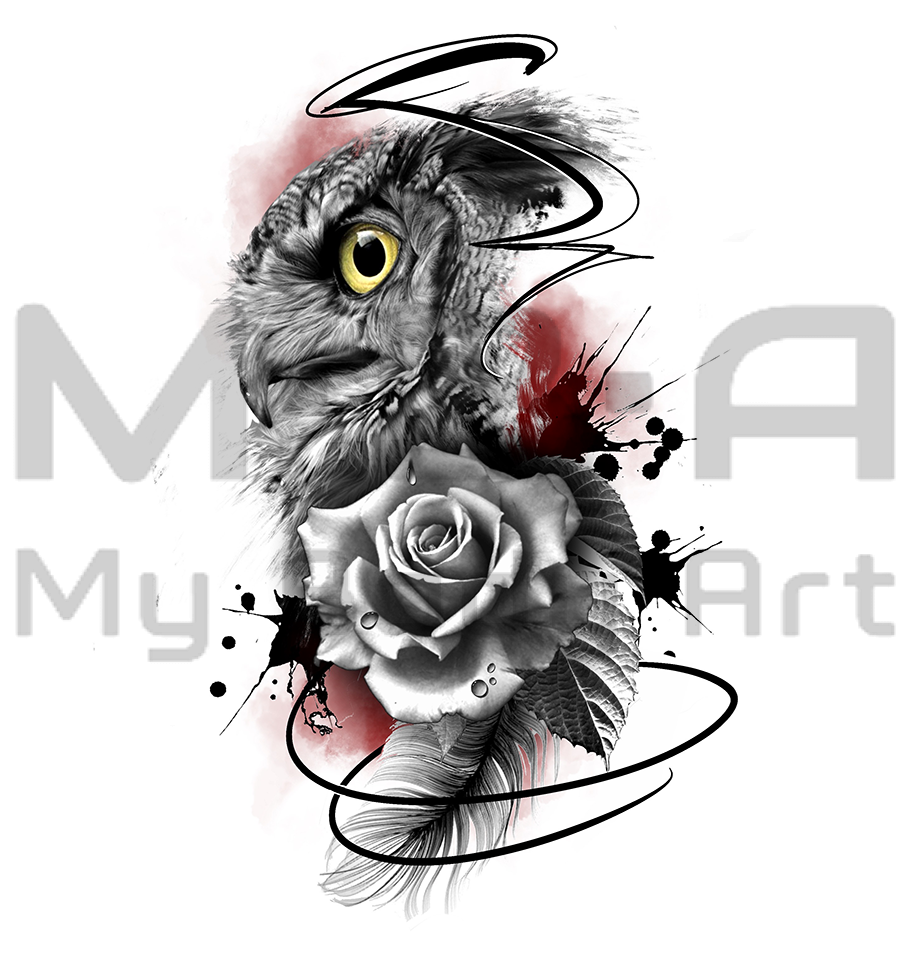 Flash tatouage Chouette et rose, à réaliser avec Mikl à MBA - My Body Art Grenoble