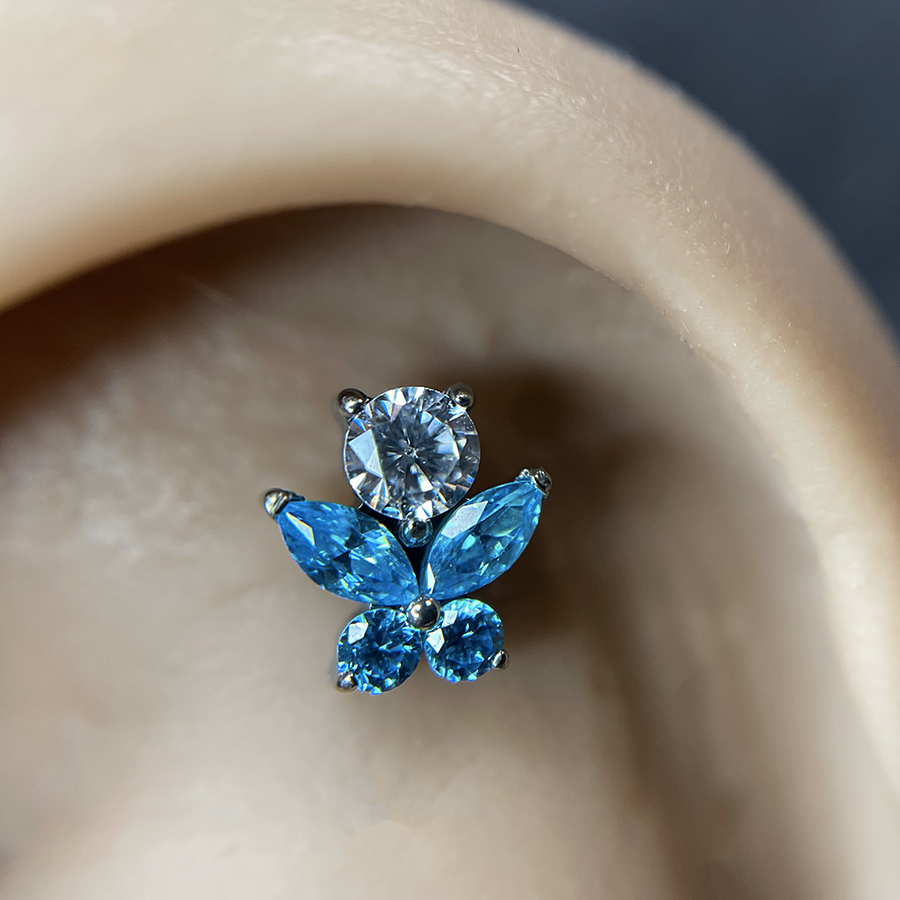 bijou papillon à strass bleus pour piercing d'oreille