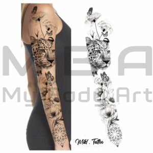 Flash floral et léopard à réaliser avec Mikl au shop MBA - My Body Art de Grenoble. Prévoir deux séances d'une journée complète, envisager une troisième séance d'une demie-journée. Le tarif comprend les trois séances.